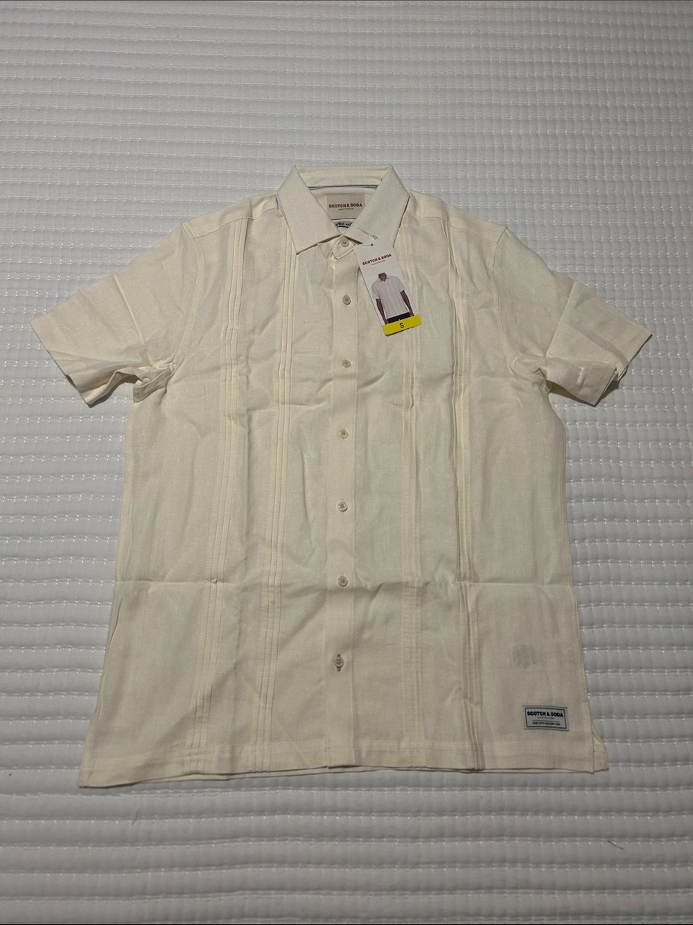 Scotch & Soda Cream Short-Sleeve Button-Down Shirt Small linen blend
